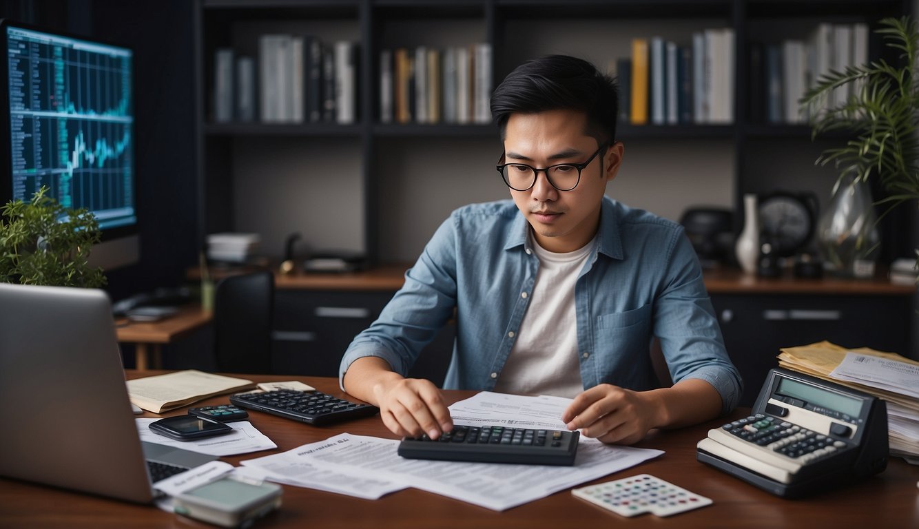 A young person in Singapore researches retirement savings, surrounded by financial calculators, charts, and a stack of money