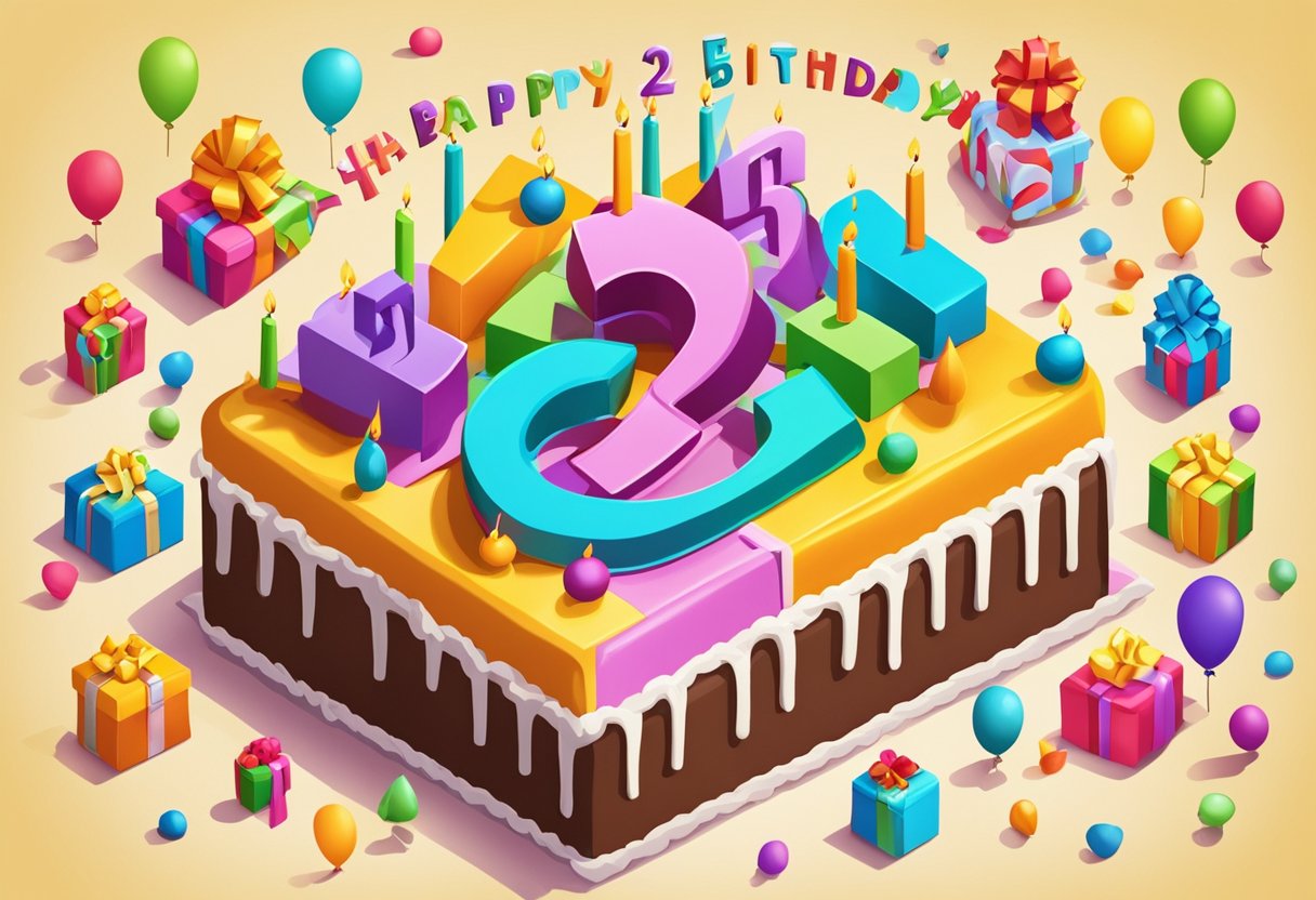 A colorful birthday cake with "Happy 25th Birthday" written in bold letters, surrounded by festive decorations and presents