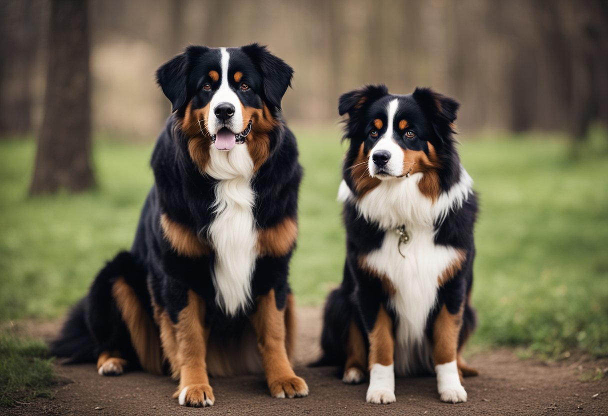 A Bernese Mountain Dog and an Australian Shepherd stand proudly side by side, showcasing their distinct features and history through their strong and noble stance