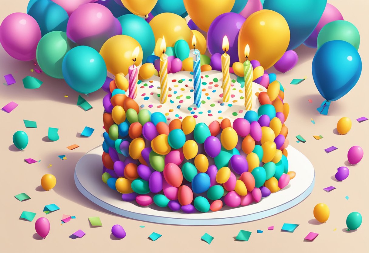 A festive birthday cake with 25 candles, surrounded by colorful balloons and confetti. A thoughtful birthday card with heartfelt quotes lies nearby