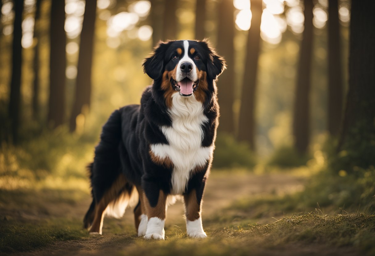 A Bernese Mountain Dog stands tall, exuding calmness and confidence. An Australian Shepherd bounds around, displaying energy and enthusiasm