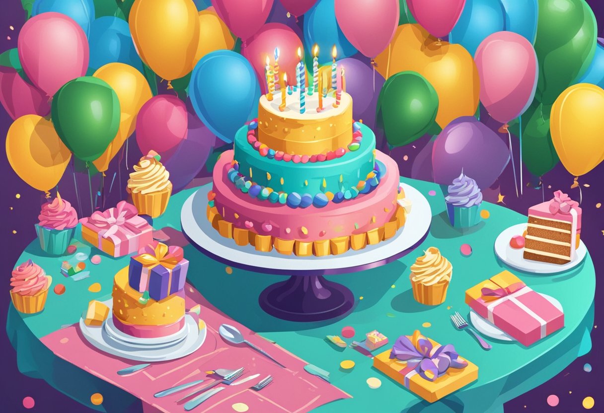 A festive table with a birthday cake, balloons, and presents. A banner with "Happy 26th Birthday" hangs in the background