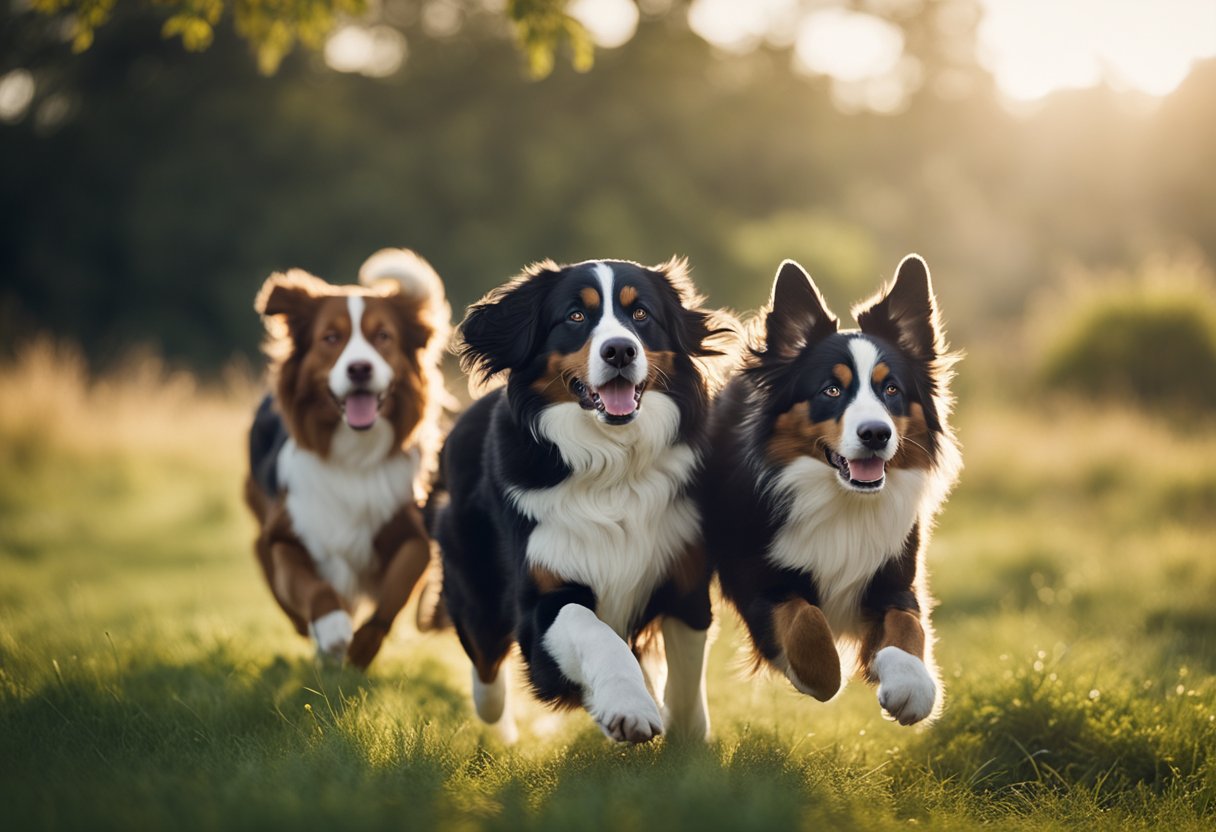 A Bernese mountain dog and an Australian shepherd run side by side in a grassy field, their tongues lolling and tails wagging as they race each other with joyful abandon