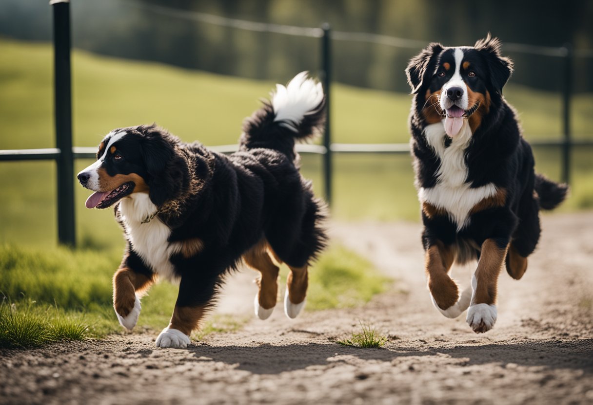 A Bernese mountain dog and Australian shepherd train together, showcasing their intelligence and agility