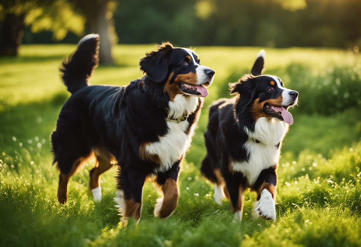 A Bernese mountain dog and an Australian shepherd playfully romp through a lush, green meadow, their shiny coats glistening in the sunlight. Both dogs exude vitality and energy, showcasing their robust health and potential for a long lifespan