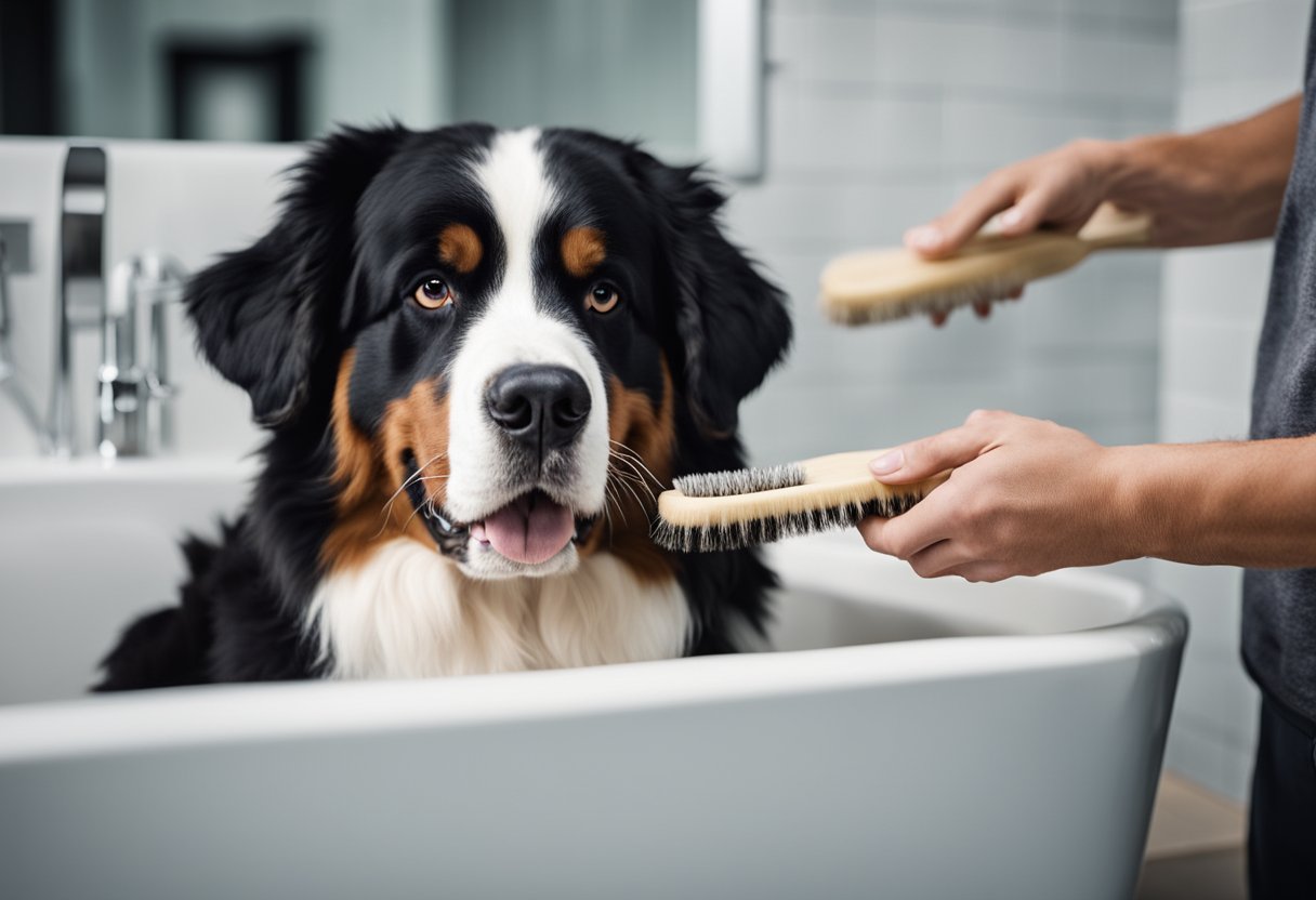 Bernese mountain dog being brushed while Australian shepherd gets a bath
