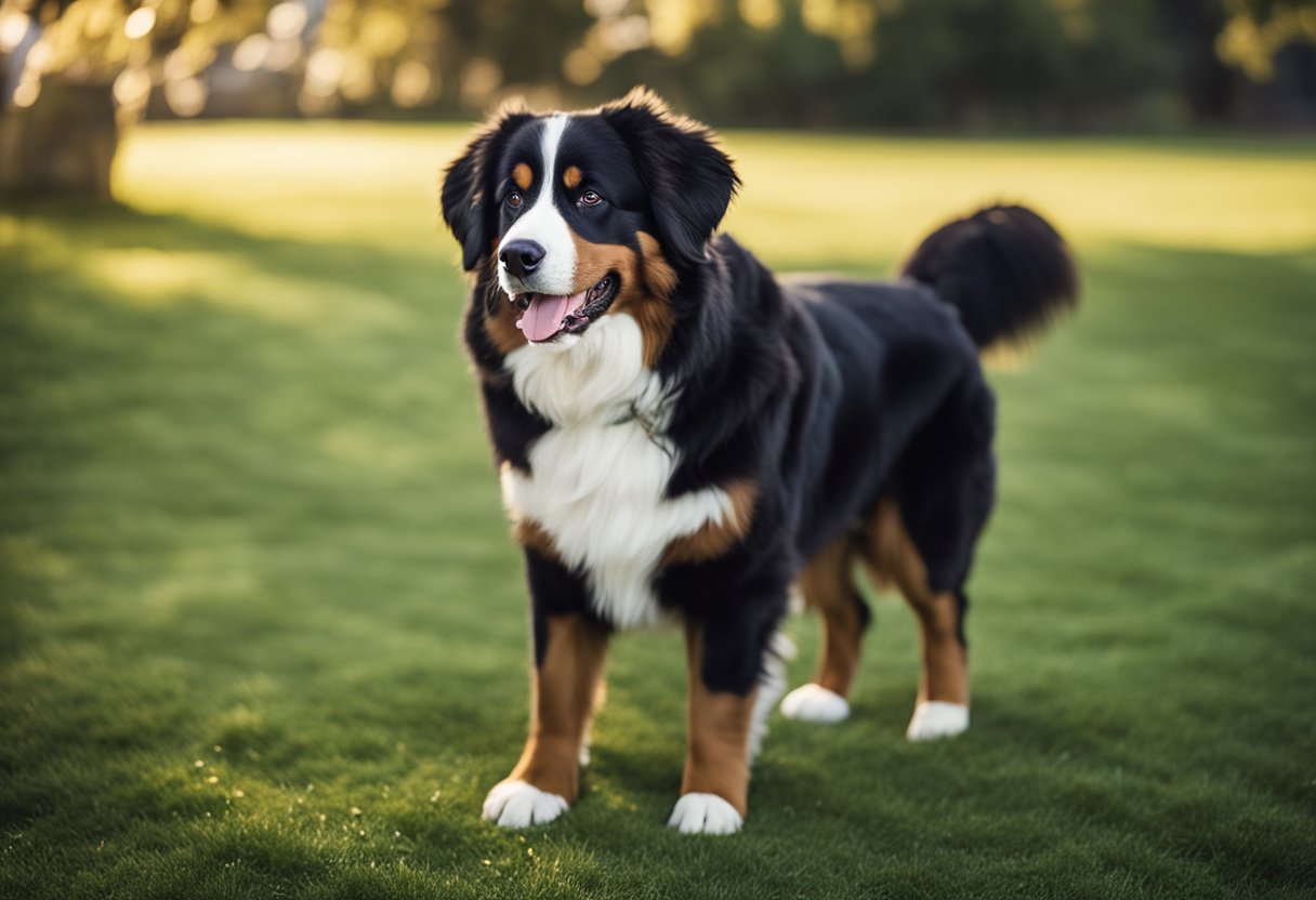 A Bernese mountain dog and an Australian shepherd playfully interact in a spacious, grassy yard, surrounded by smiling families
