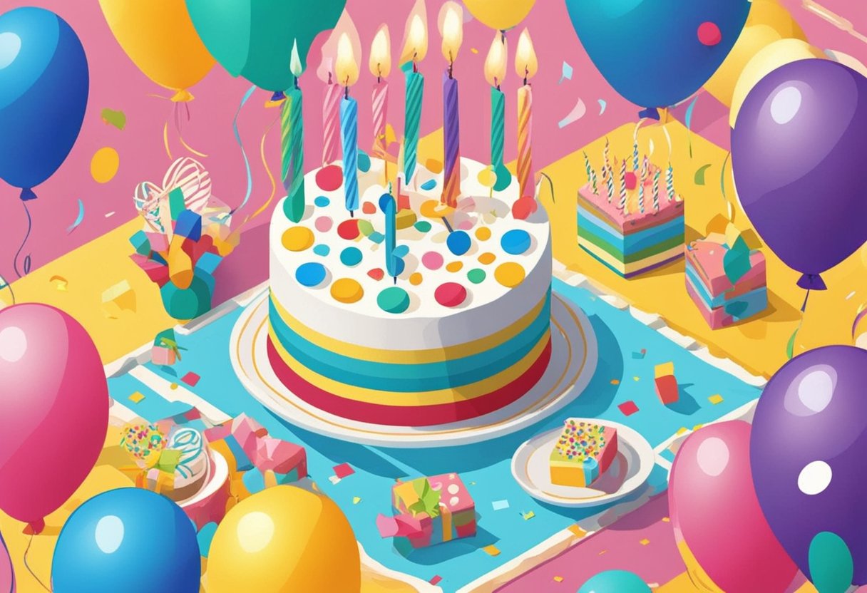 A colorful birthday party scene with balloons, confetti, and a cake with "28" candles. A thoughtful card with heartfelt birthday quotes for a son displayed prominently