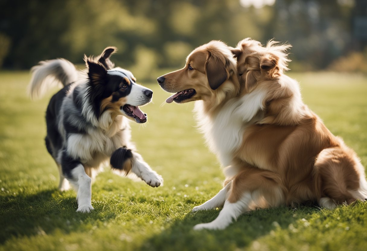 Two dogs playfully tussle in a grassy field. A golden retriever and an Australian shepherd lock eyes, their tails wagging as they engage in a friendly wrestling match
