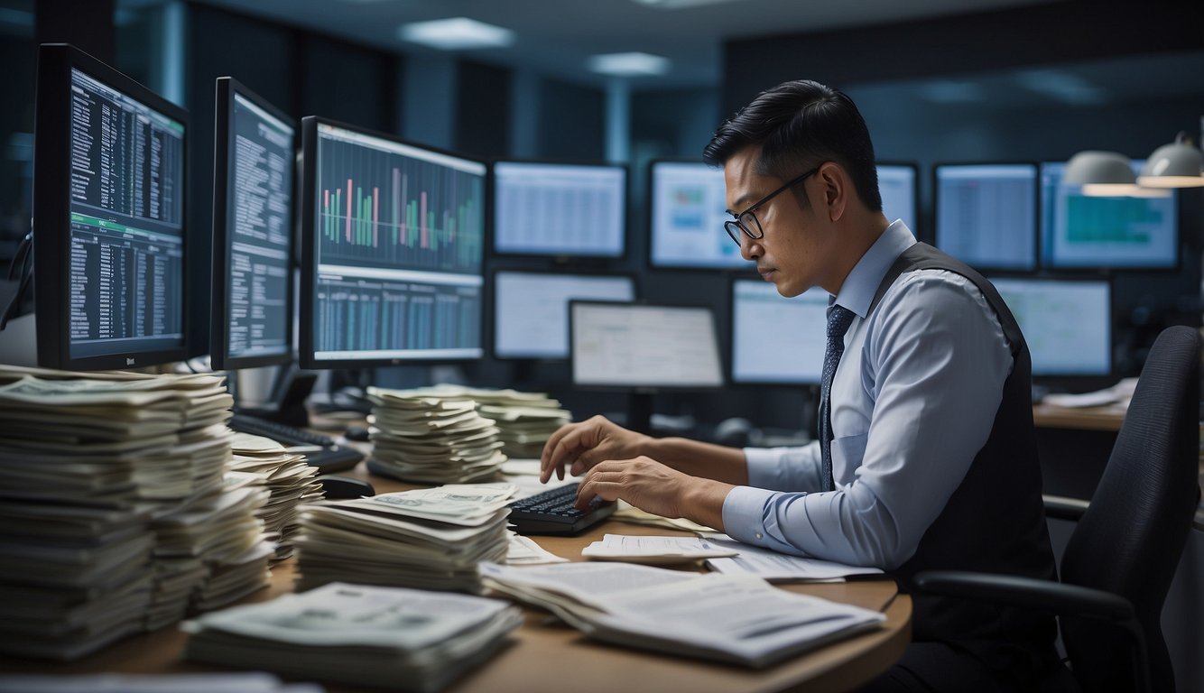 A moneylender in Singapore can be seen reviewing loan documents in a well-lit office, surrounded by stacks of cash and a computer displaying financial data