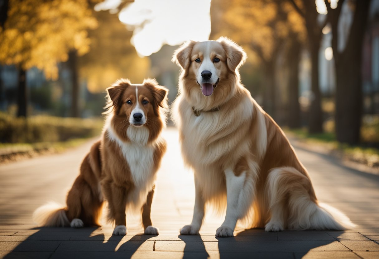 Two dogs stand side by side. The golden retriever is larger with a long, flowing coat, while the Australian shepherd is smaller with a thick, fluffy coat