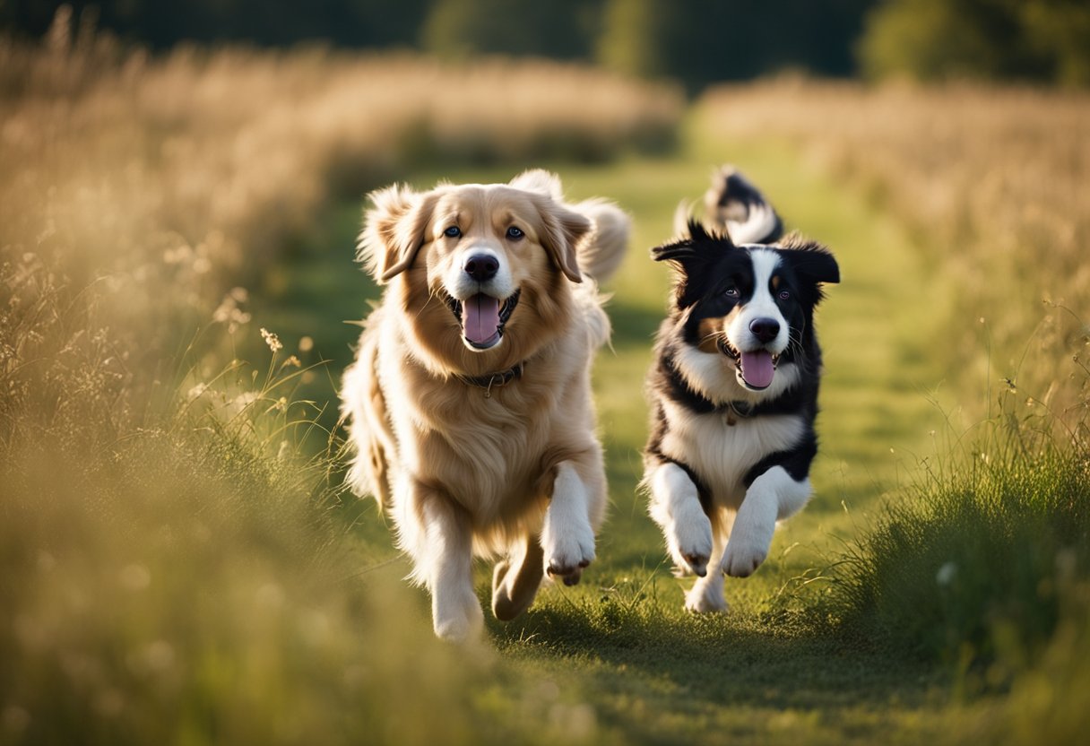 Golden retriever and Australian shepherd running side by side, tongues out, in a grassy field with a few scattered obstacles