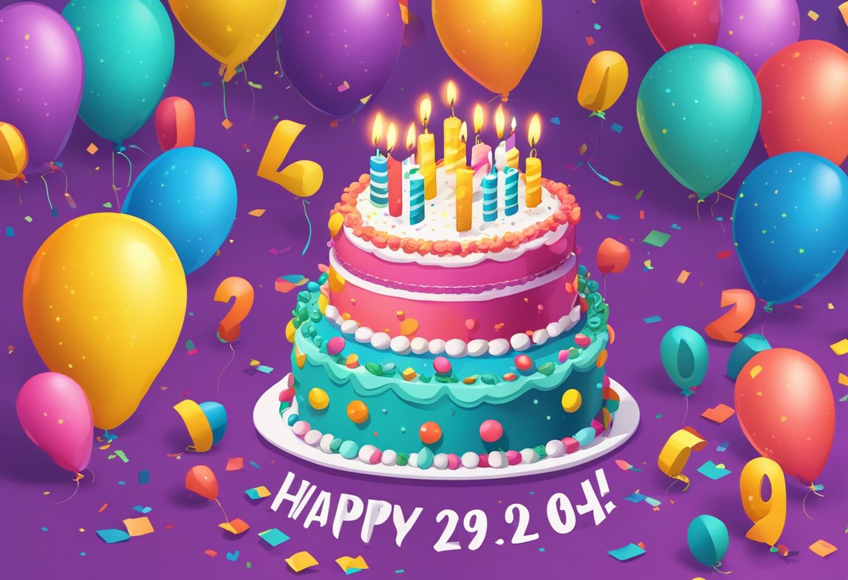 A festive birthday cake with 29 candles lit, surrounded by colorful balloons and confetti, with a banner reading "Happy 29th Birthday" in the background