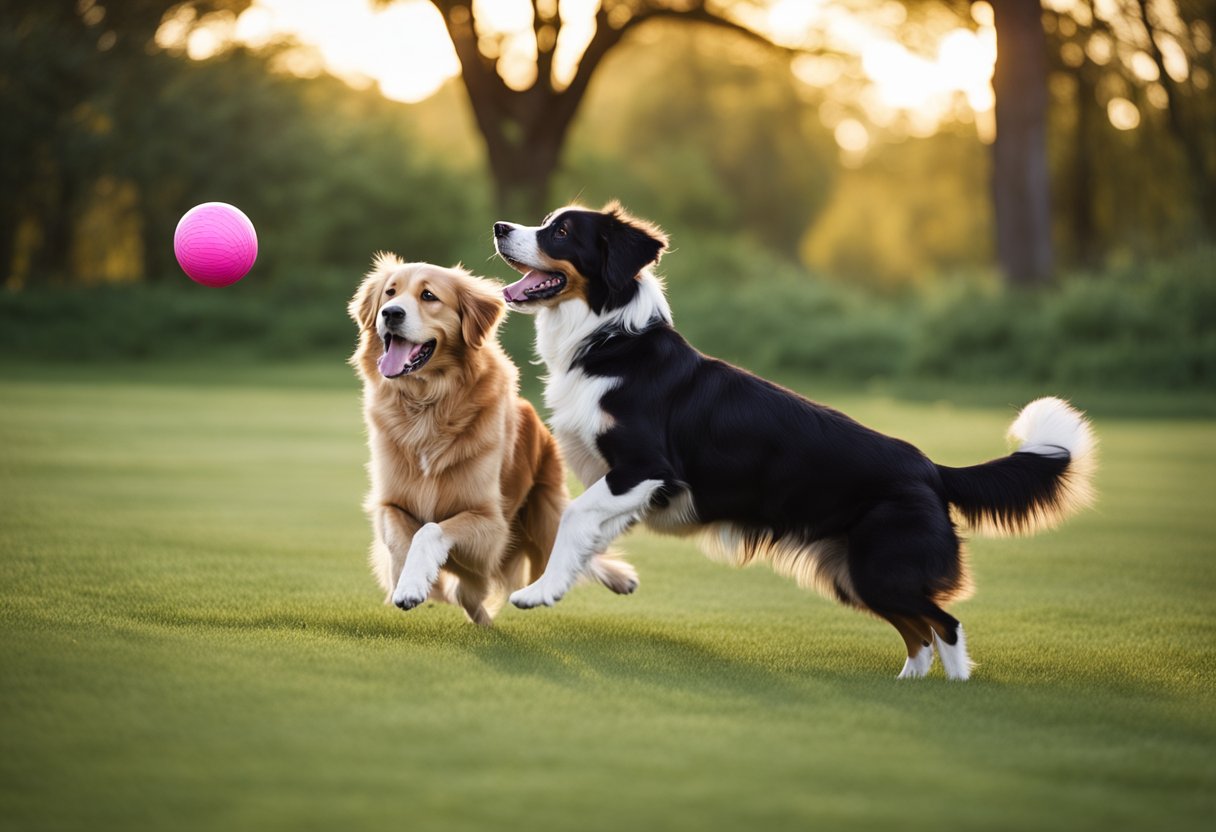 Golden retriever and Australian shepherd playing in a grassy field, with a ball and frisbee nearby. They are wagging their tails and running around happily