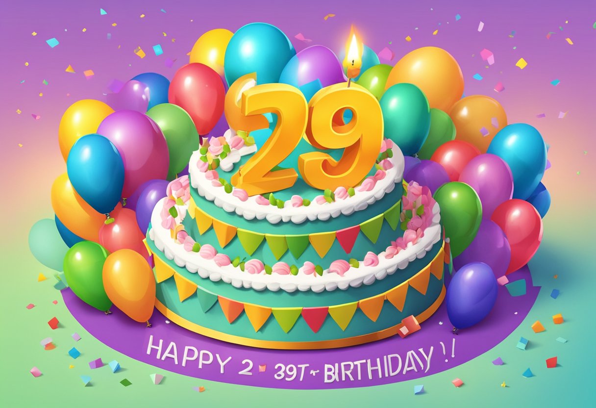A festive birthday cake with 29 candles, surrounded by colorful balloons and a banner with "Happy 29th Birthday" for a son