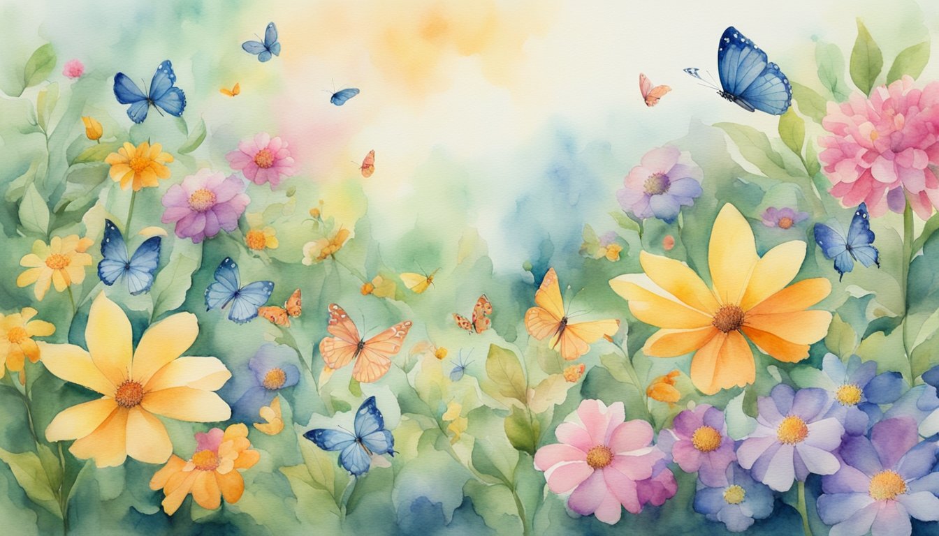 A serene garden with 132 flowers of various colors and 132 butterflies fluttering around, symbolizing the harmony and balance associated with the angel number 132