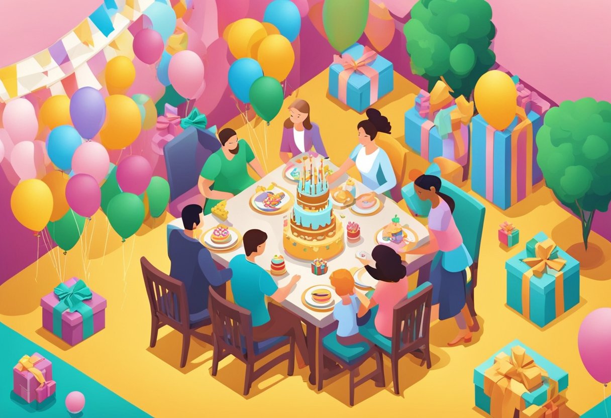 A colorful banner with "Happy 30th Birthday" hangs above a table adorned with a cake and presents. A proud mother and father smile at their son