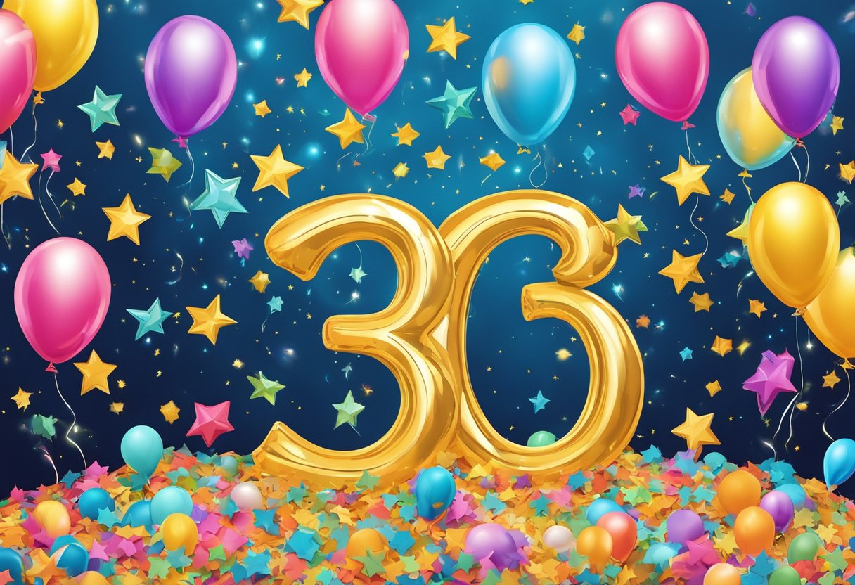 A colorful array of stars, balloons, and confetti surrounds a glowing "30" sign, symbolizing the hopes and dreams for the future on a son's 30th birthday