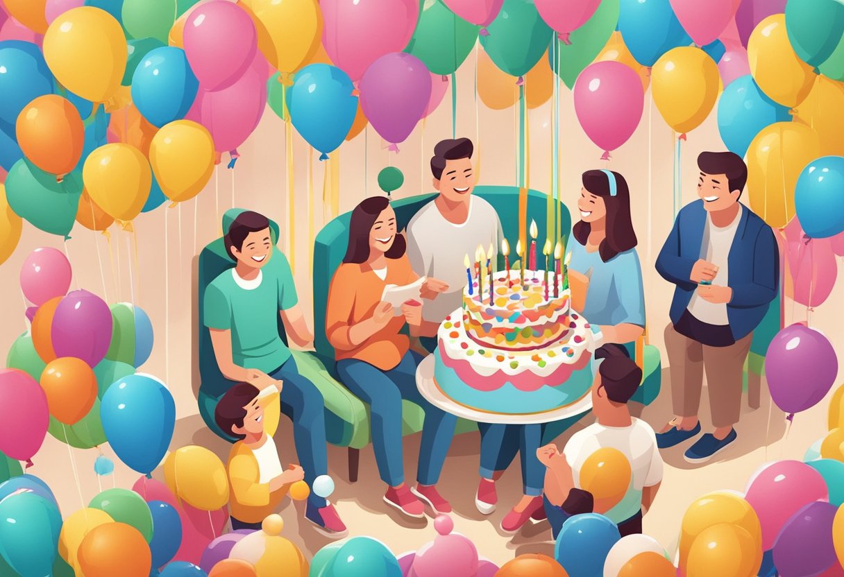 A joyful family gathered around a birthday cake, smiling and laughing together, with balloons and decorations adding to the celebratory atmosphere