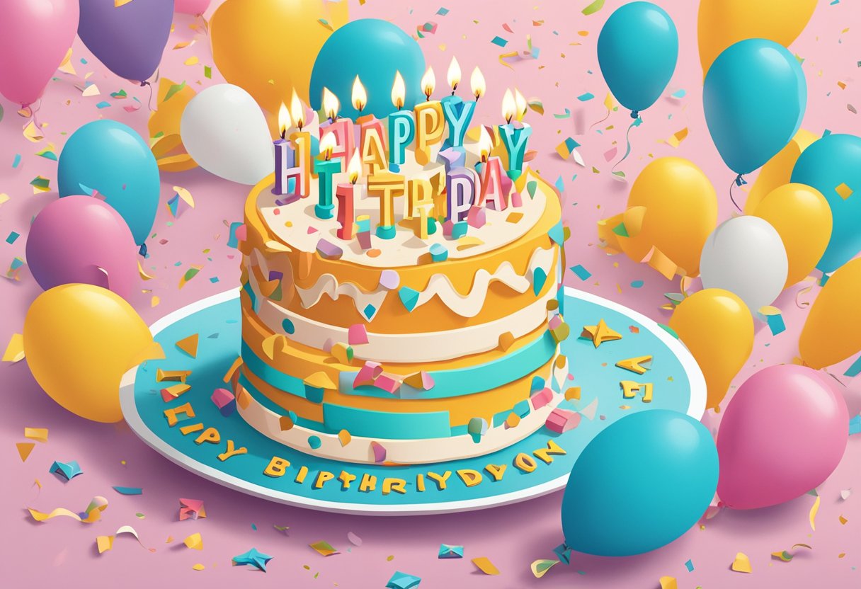 A birthday cake with "Happy 31st Birthday" written in bold letters, surrounded by balloons and confetti. A thoughtful card with a heartfelt message sits next to the cake