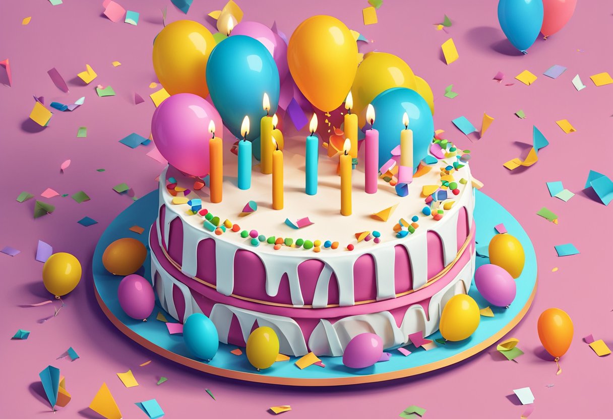 A festive birthday cake with 31 candles, surrounded by colorful balloons and confetti. A thoughtful birthday card with a heartfelt message lies next to the cake