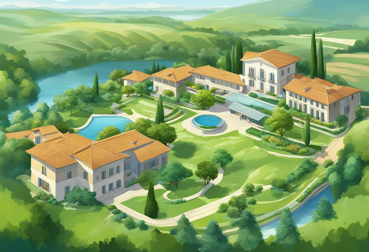 A serene landscape with lush greenery, a tranquil lake, and modern facilities of "Impianti e Servizi piani di clodia lazise" nestled in the picturesque surroundings