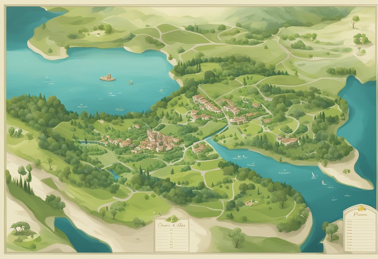 A map of Piani di Clodia in Lazise, with clear labels and symbols, surrounded by lush greenery and a serene lake in the background