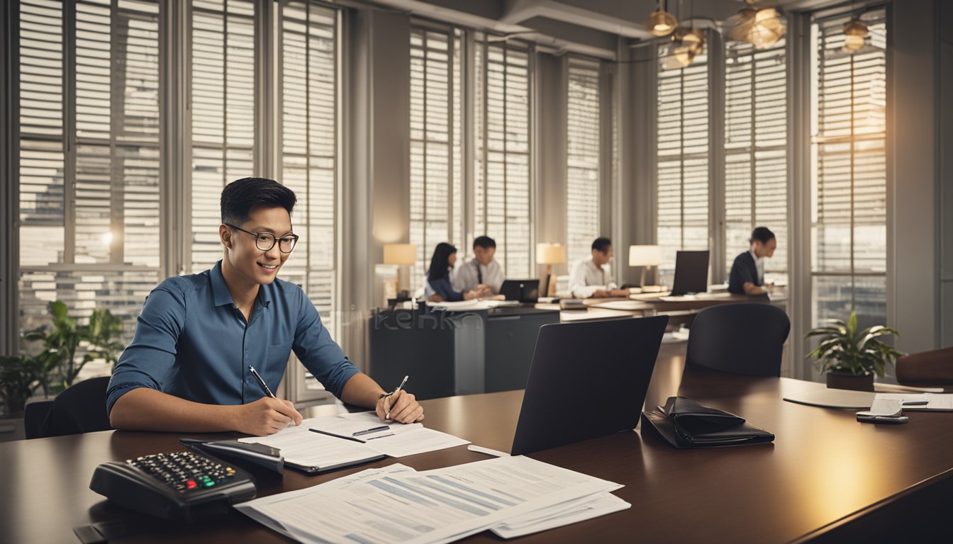 A foreigner sits at a desk, signing loan documents. A Singaporean moneylender explains terms and conditions. The office is professional and well-lit