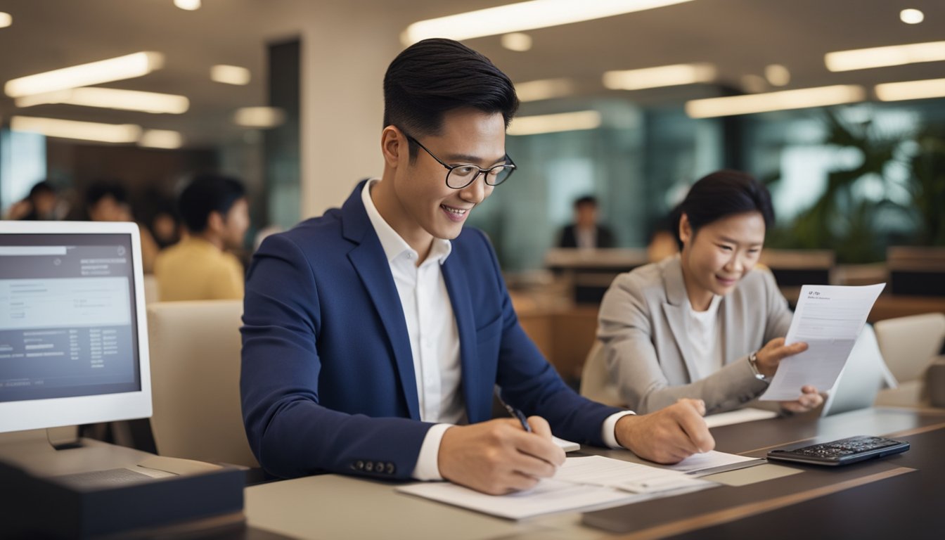 A foreigner sits at a desk signing loan documents with a moneylender in Singapore. The moneylender is explaining the key financial products available for foreigners