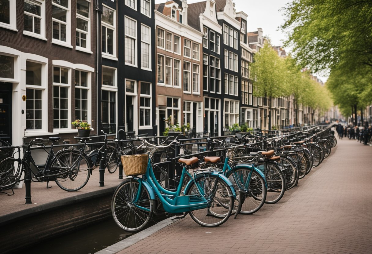 A canal-side Amsterdam street with bicycles, traditional Dutch buildings, and a prominent Expedia logo on a storefront