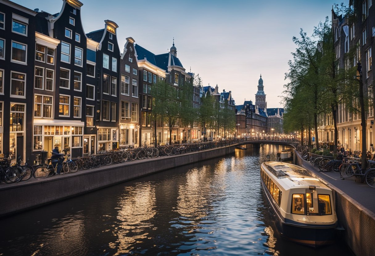 A bustling Amsterdam street with iconic buildings and canals, with a prominent Expedia logo and a discount code displayed in the foreground