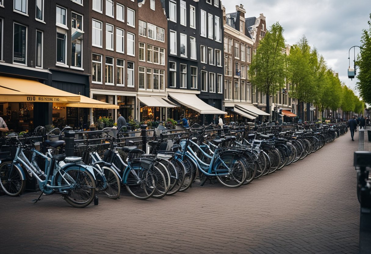 A bustling Amsterdam street with iconic architecture, bicycles, and canals. Expedia logo displayed on storefronts with discount signs