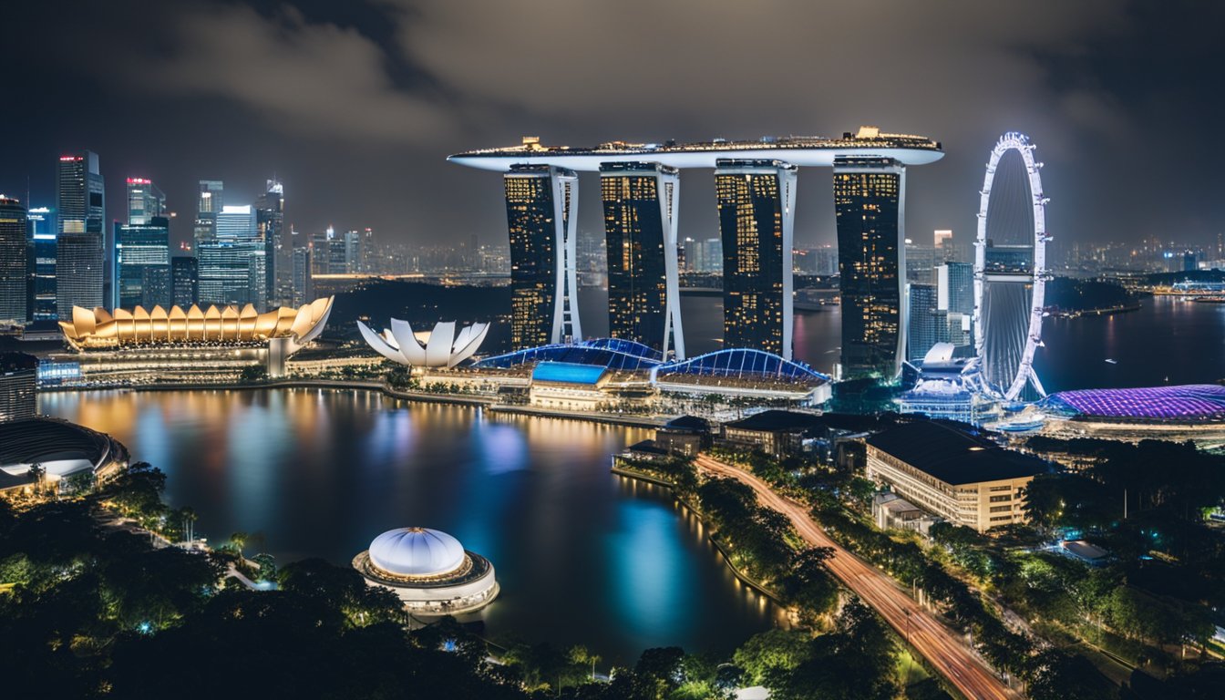 A bustling Singapore cityscape, with iconic landmarks like Marina Bay Sands and the Singapore Flyer, surrounded by a mix of modern skyscrapers and traditional shophouses. The scene is filled with diverse cultures and bustling activity