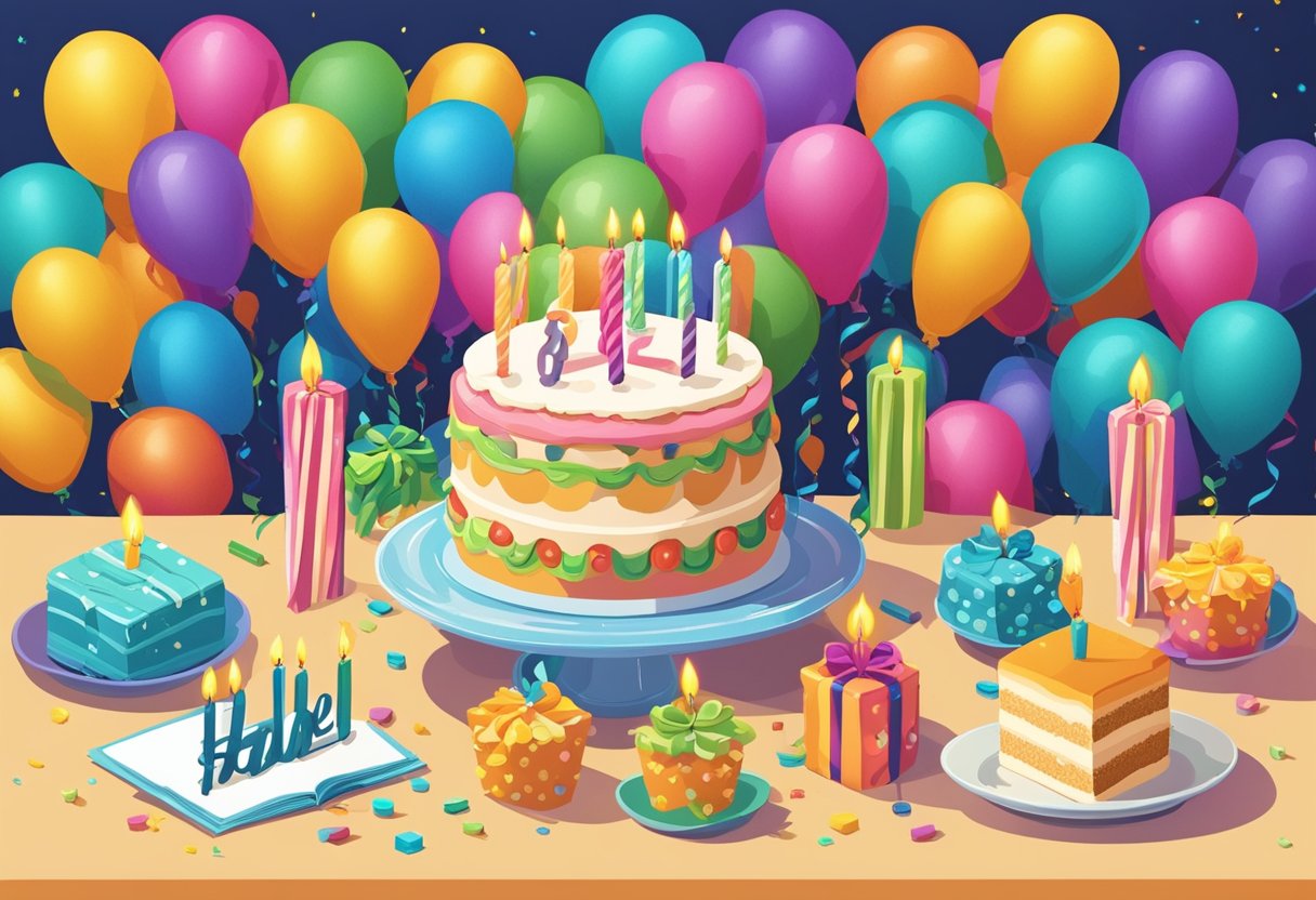 A festive table with a cake and candles, surrounded by colorful balloons and streamers. A birthday card with "Happy 34th Birthday" written on it is placed next to the cake