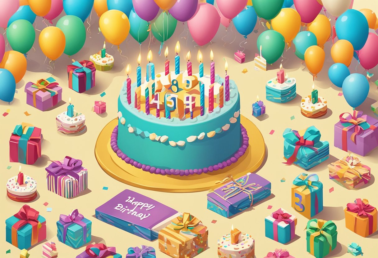 A birthday cake with 34 candles, surrounded by birthday cards and gifts, with a banner that reads "Happy 34th Birthday Son."
