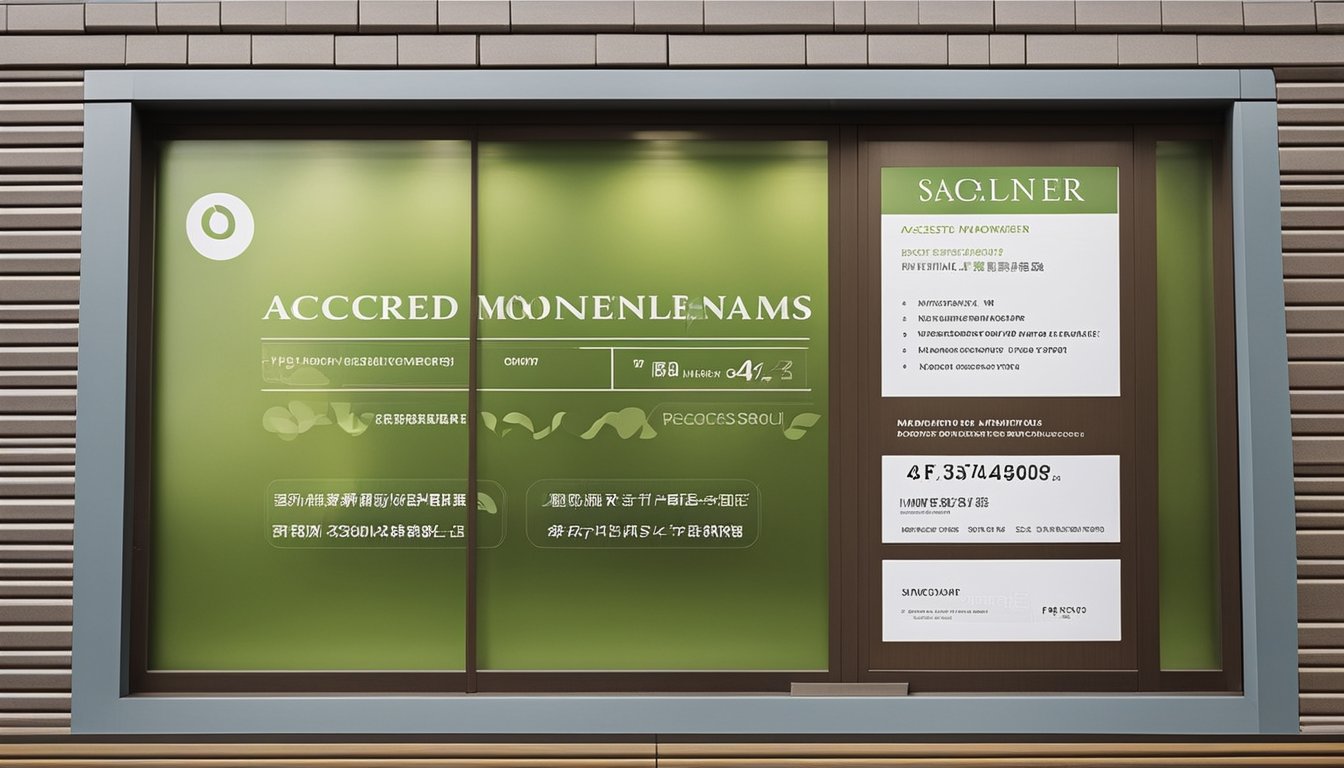 A licensed moneylender's sign in Singapore, with the company name "Accredit Moneylender" prominently displayed. The sign is clean and well-maintained, with clear and professional lettering