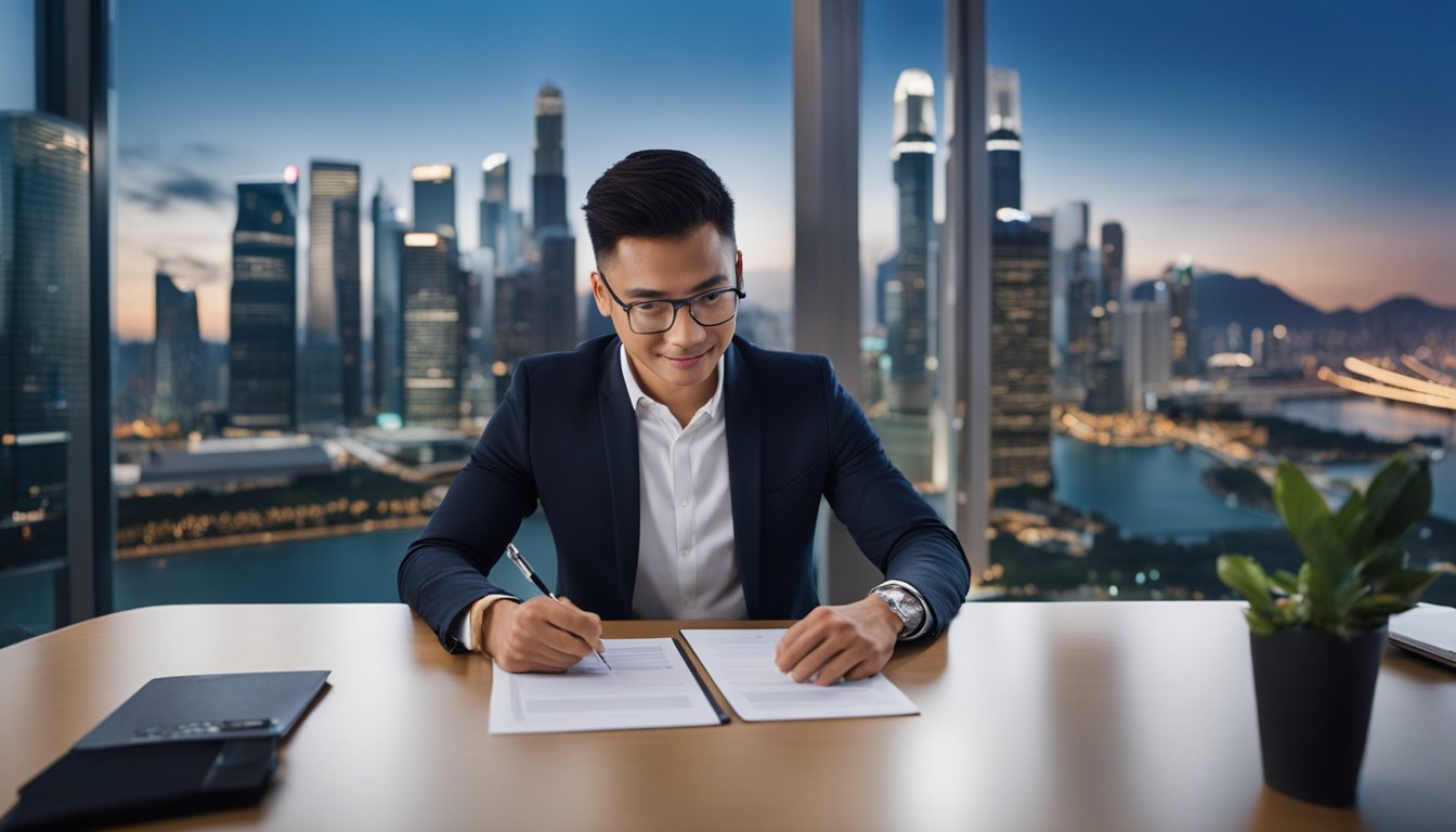 A foreigner receives a loan from Accredit Moneylender in Singapore, signing paperwork in a modern office with a view of the city skyline