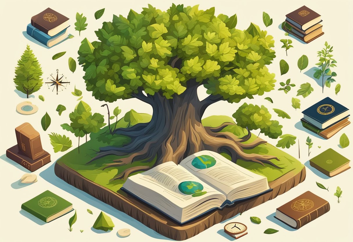 A tree with vibrant leaves and strong roots, surrounded by symbols of growth and maturity like books, a compass, and a clock