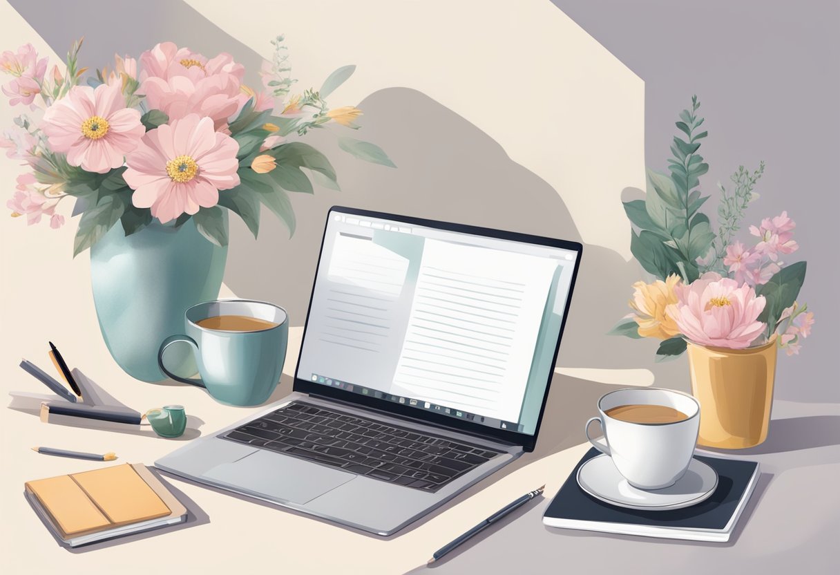 A woman's desk with a vase of fresh flowers, a stylish planner, and a cup of herbal tea. A laptop displaying a feminine workspace