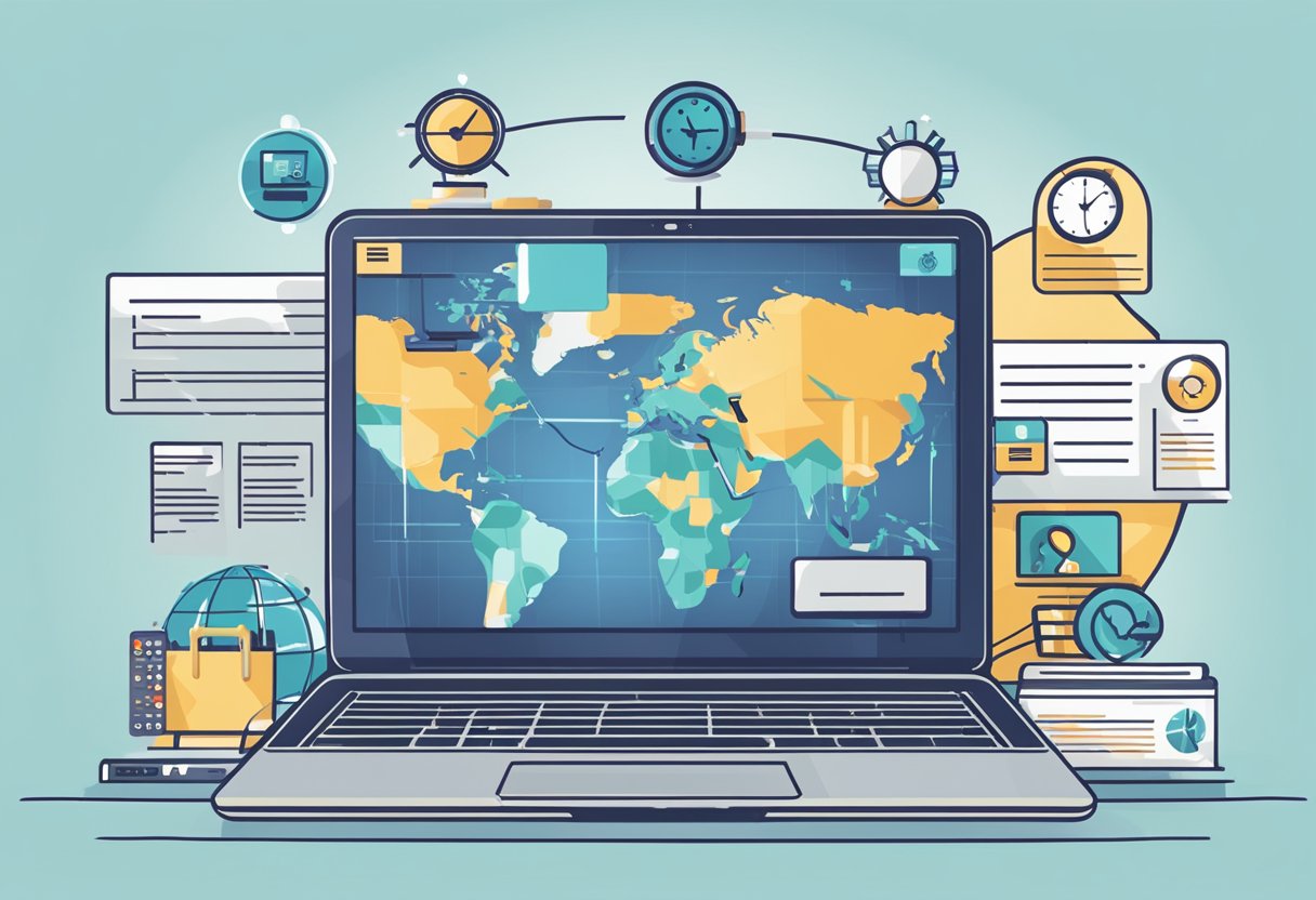 A laptop displaying world map surrounded by various graphical data..