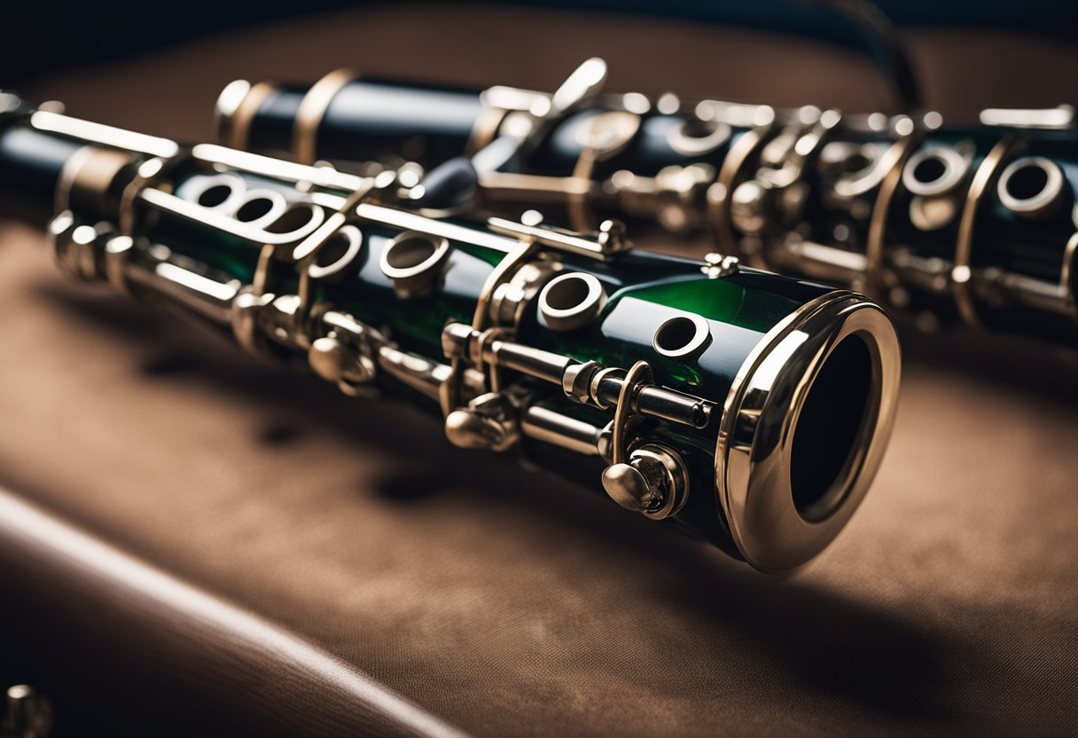 A clarinet with various mouthpieces displayed, a sign reading "Frequently Asked Questions: What is the best clarinet mouthpiece?" Customers browsing and trying out different options