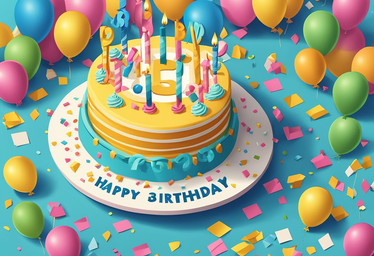 A birthday cake with "Happy 38th Birthday" written in bold letters, surrounded by balloons and confetti. A thoughtful card with a heartfelt message sits next to the cake