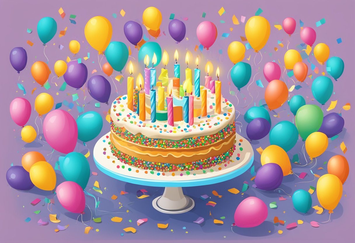 A festive birthday cake with 38 candles, surrounded by balloons and confetti, with a thoughtful birthday card for a son