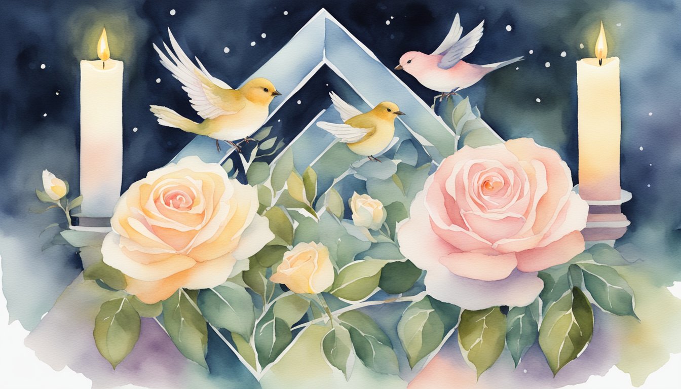 A serene garden with three blooming roses, two chirping birds, and four glowing candles arranged in a triangle