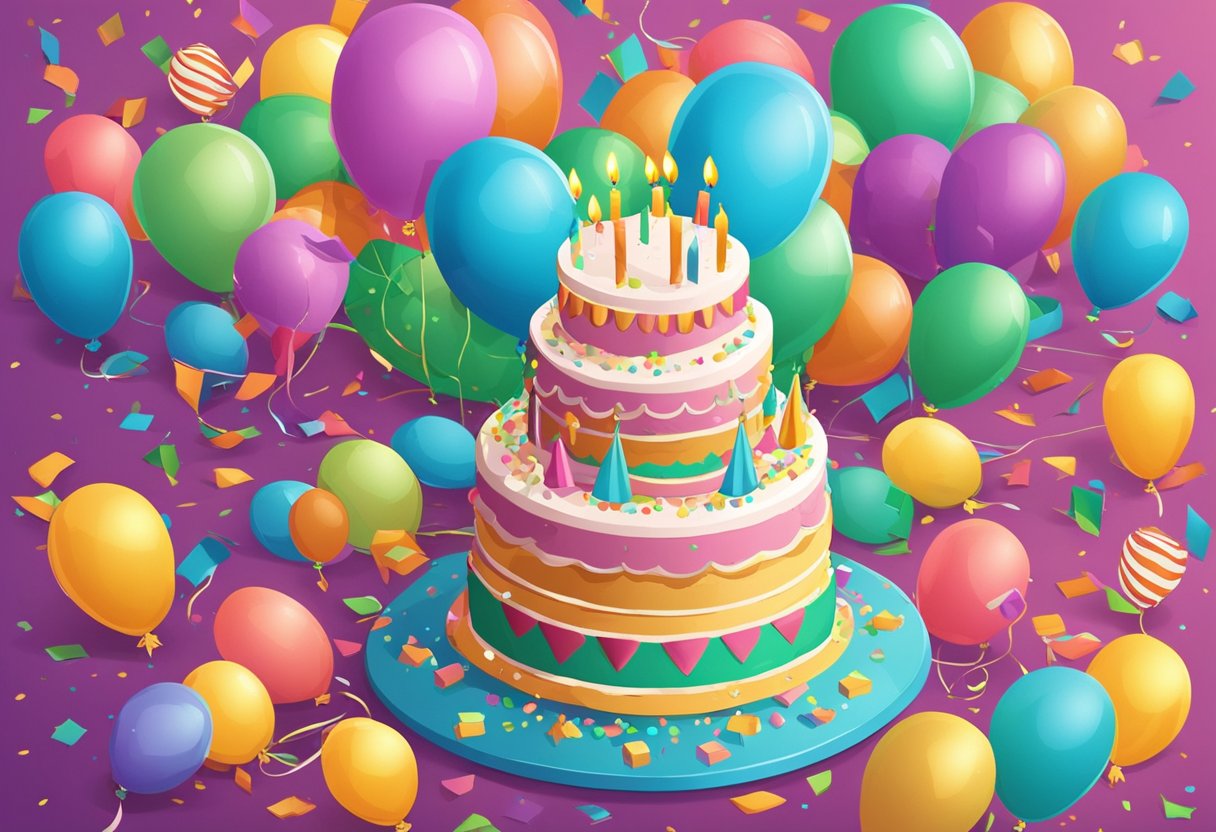A festive birthday cake surrounded by balloons and confetti, with a "Happy 38th Birthday" banner hanging in the background