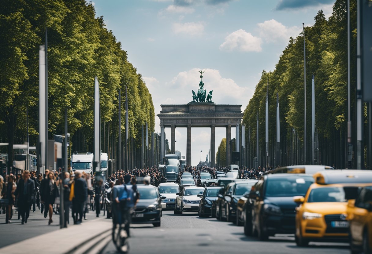 Berlin is a bustling city in Germany. The scene could show iconic landmarks like the Brandenburg Gate and the Berlin Wall, capturing the city's rich history and vibrant atmosphere