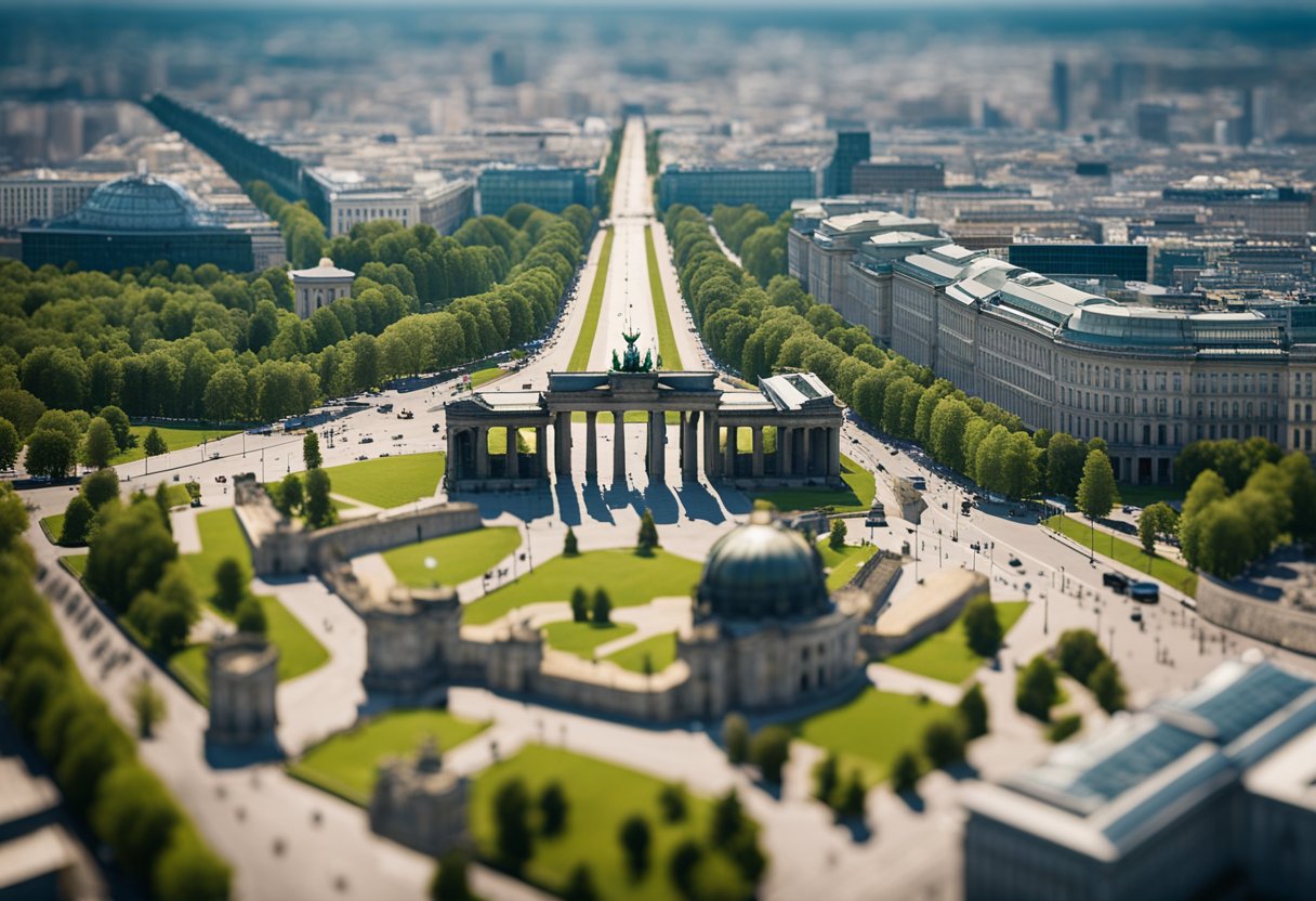 Eine Karte von Berlin mit bekannten Wahrzeichen wie dem Brandenburger Tor und der Berliner Mauer vor dem Hintergrund der ikonischen Architektur der Stadt