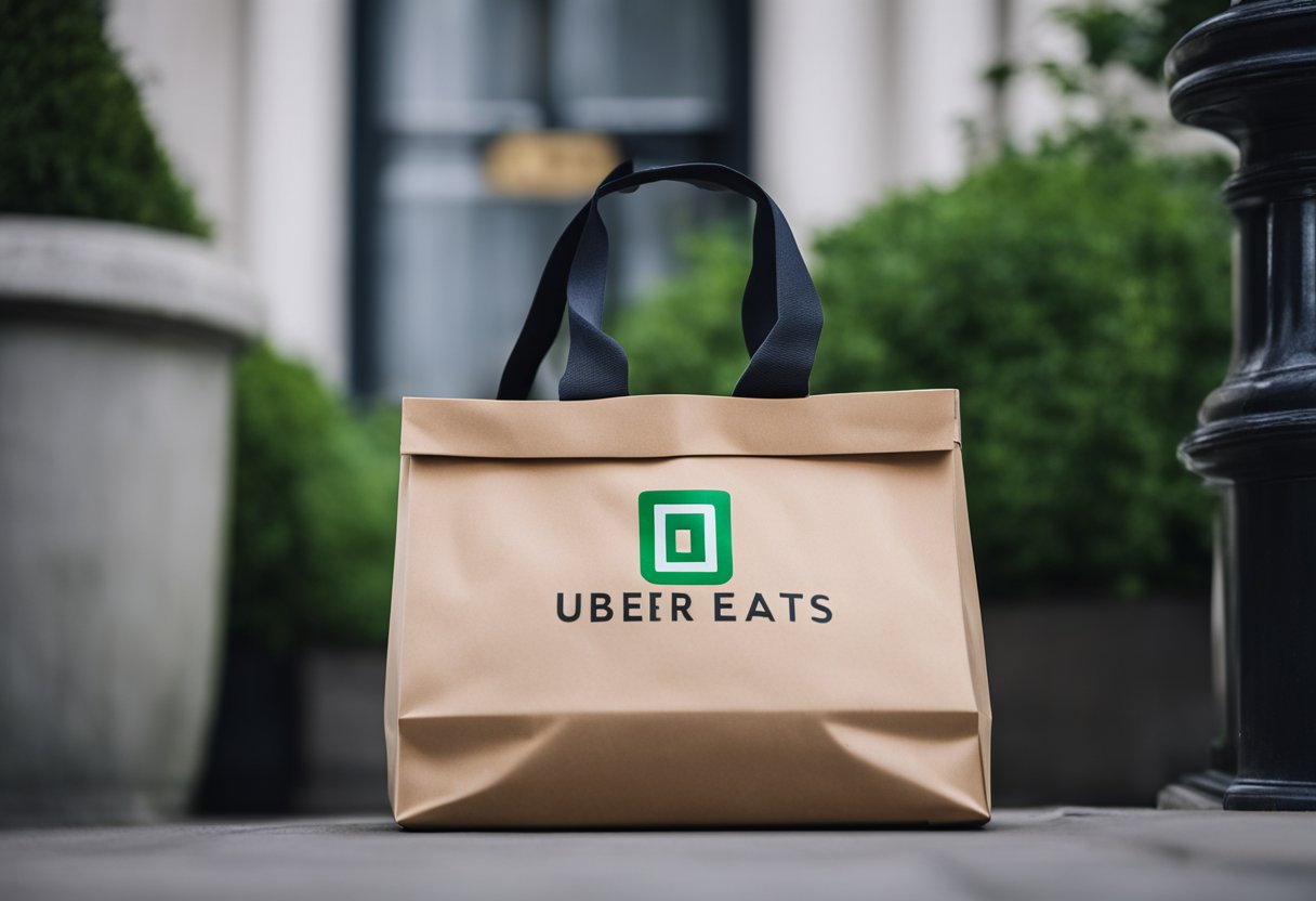 An Uber Eats delivery bag sits on a doorstep in Berlin, Germany. The iconic logo is visible as the bag awaits pickup