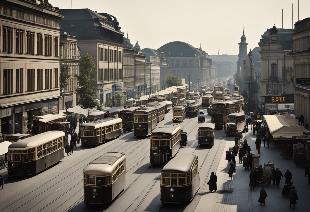 Busy streets of Berlin, 1929. Cars and trams fill the roads, while people bustle about the city's shops and cafes. Tall buildings line the skyline, capturing the essence of a bustling urban center