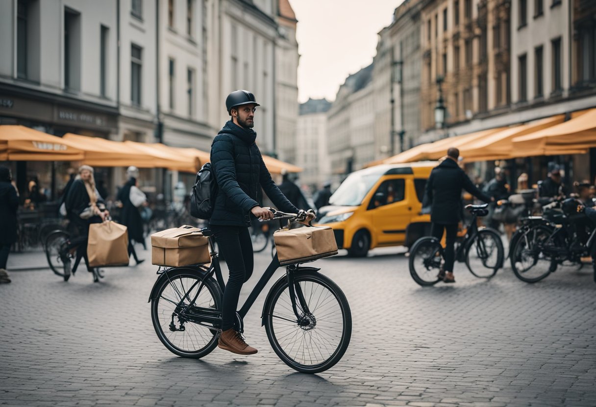Belebte Berliner Straße mit ikonischen Wahrzeichen im Hintergrund. Uber Eats Lieferung Taschen und Fahrräder sichtbar, mit verschiedenen Restaurants und Kunden